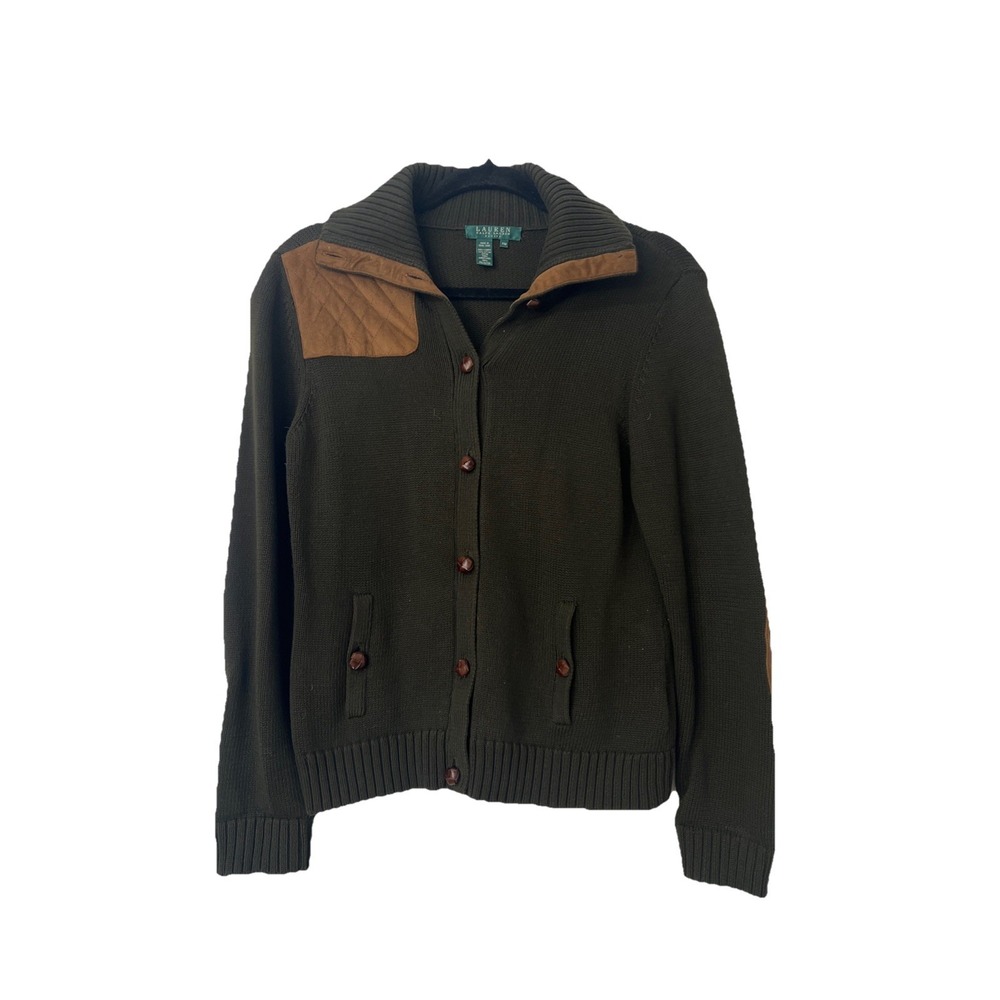VTG Lauren Ralph Lauren Sweater MP Green Brown Hunting Shooting Cardigan Patches